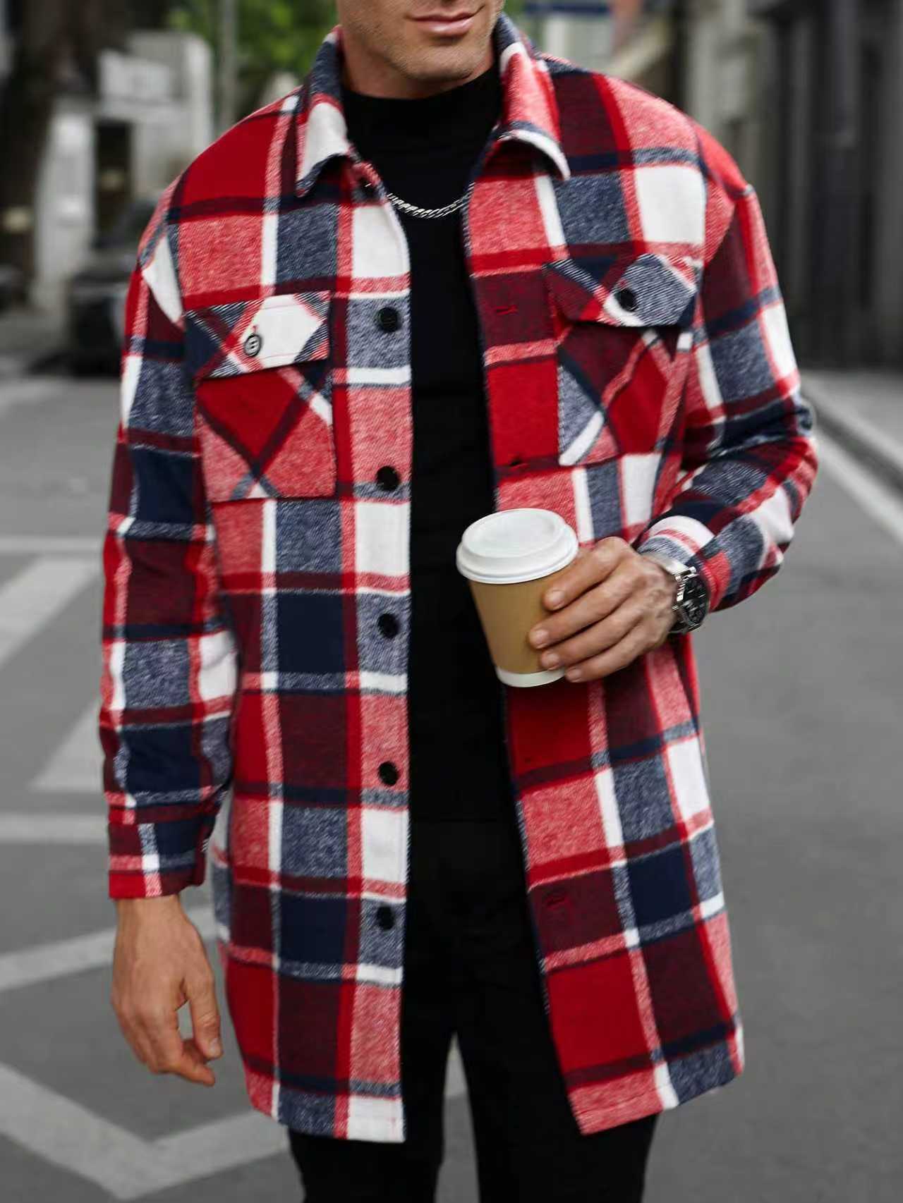 Europa y los Estados Unidos transfronterizos Amazon nuevo chaqueta de hombre camisa deportiva casual larga botón de doble bolsillo abrigo para hombre