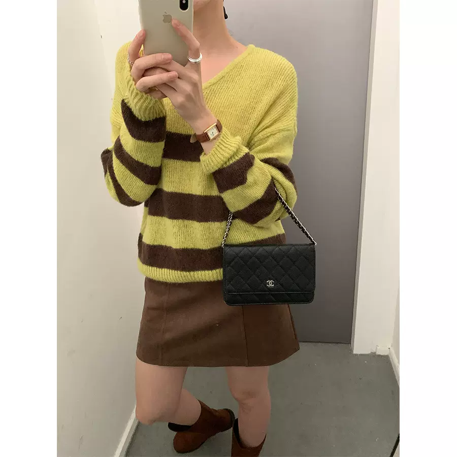 黄峥 韩系慵懒风条纹撞色V领毛衣女2025冬宽松休闲长袖上衣541008