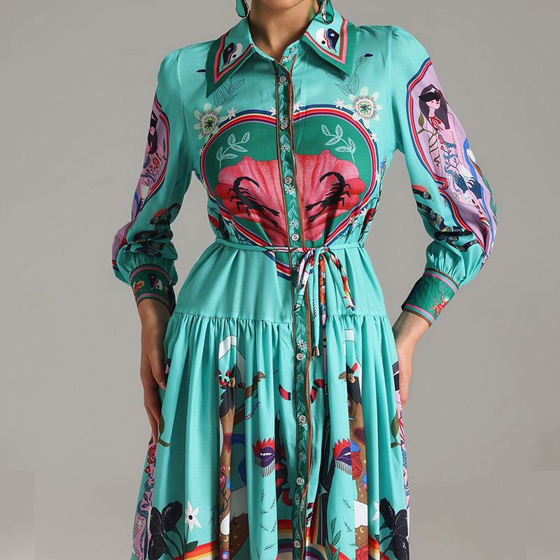 Women's Fashion Long Dress With Printed Lapel And Vintage Long Sleeves_ecoleips.com