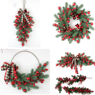 Christmas PE pine needle rattan ring Garland red ball electroplating ball black and white plaid ribbon Christmas decorations window ornaments