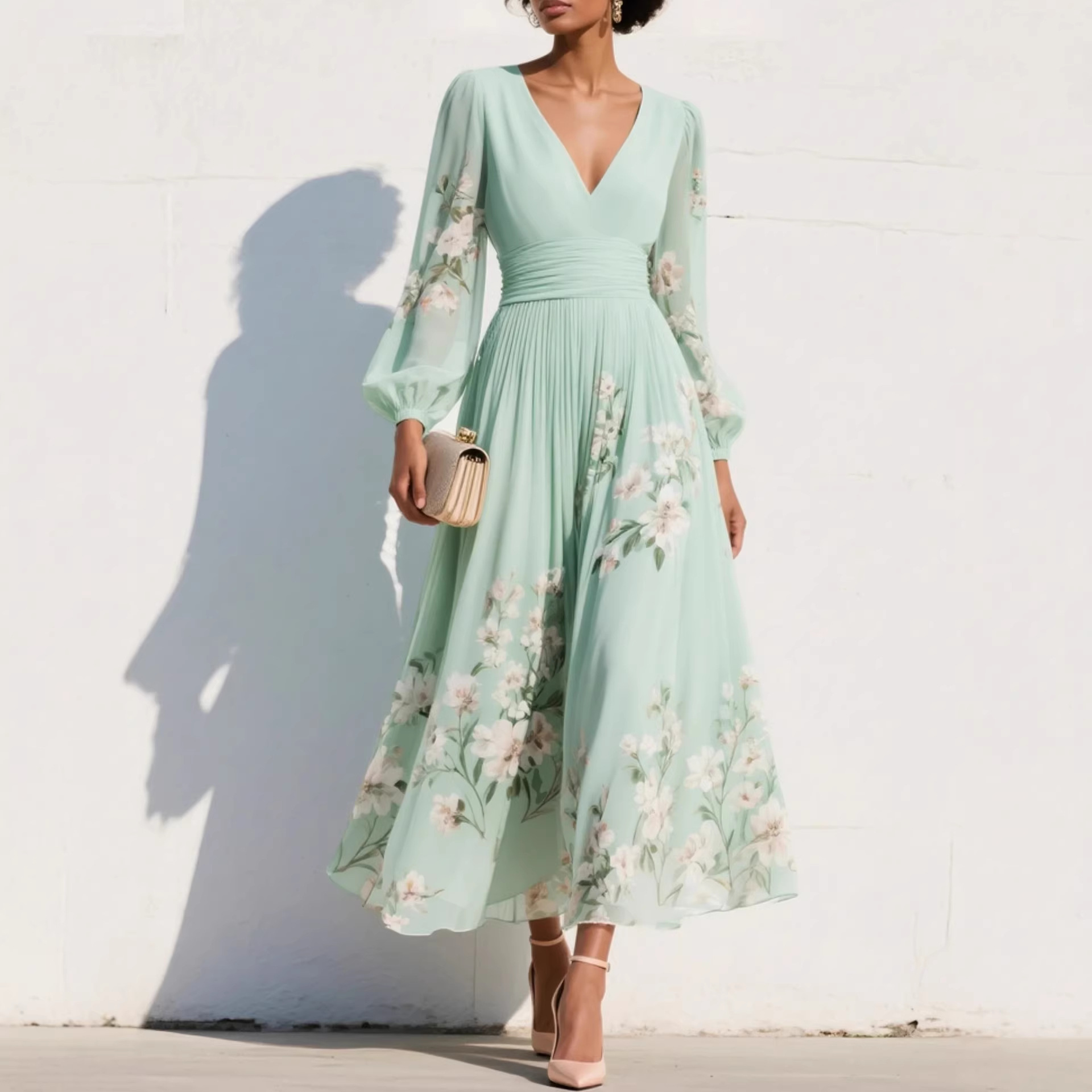 Independent Site Amazon 2026 European and American Women's Fashion Digital Print Floral Long-Sleeve V-Neck Pleated Dress Women's Long Dress
