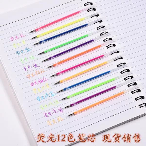 Fluorescent 12-Color Pen Refills for Students, Candy-Colored 12-Color Fluorescent Gel Pen Refills