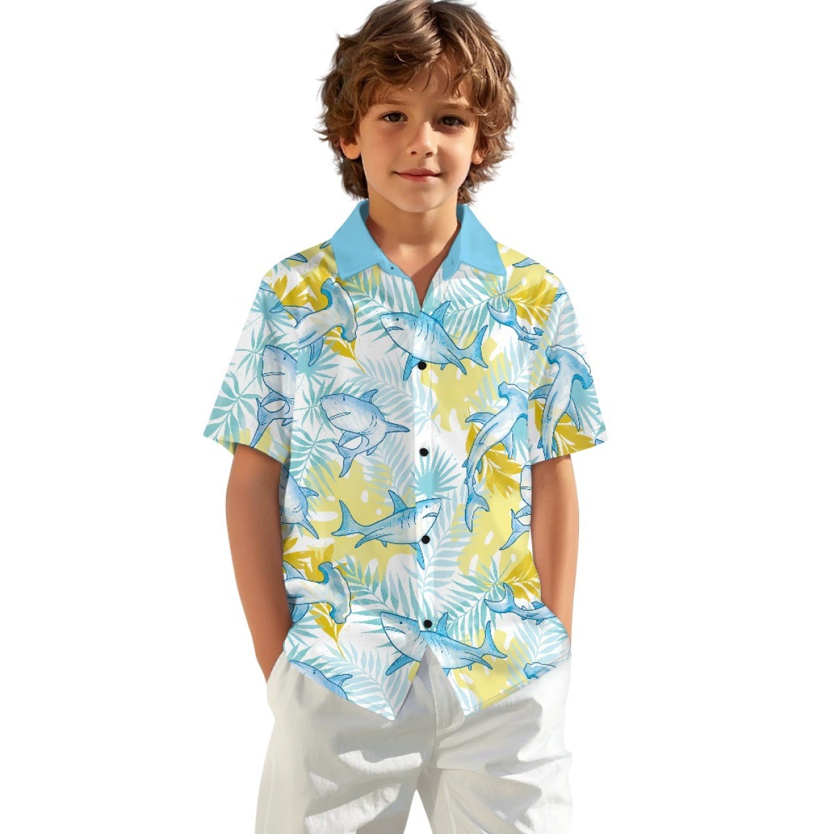 Детская рубашка на пуговицах из стеганой ткани, термотрансферный мультяшный узор, дышащая и мягкая, универсальная для мальчиков и девочек, горячая распродажа через границу