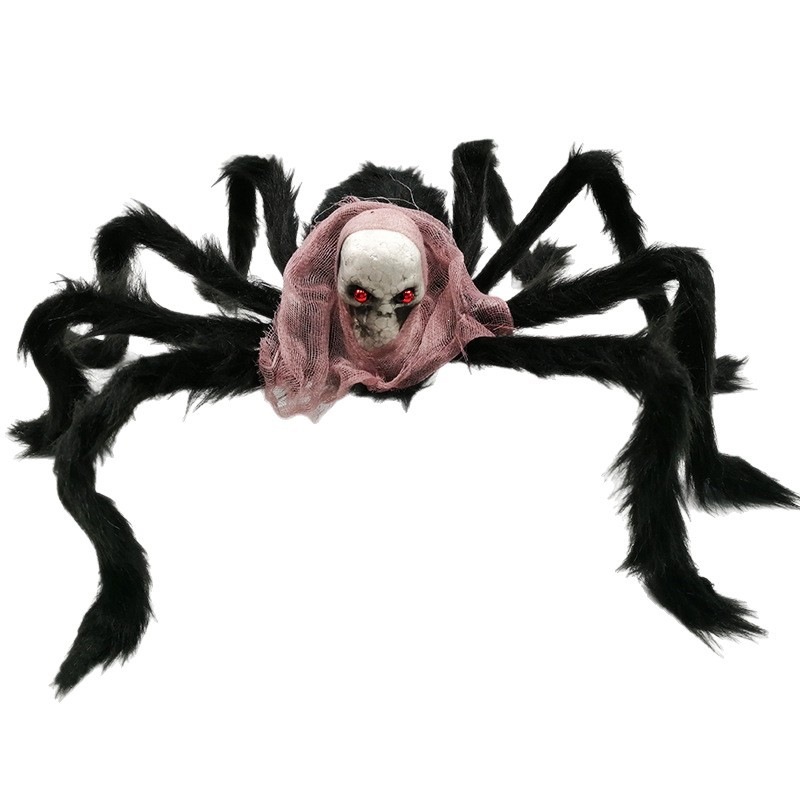 Decoración de Halloween sitio de araña atmósfera diseño props simulación de pelusa cabeza fantasma araña juguetes araña negra