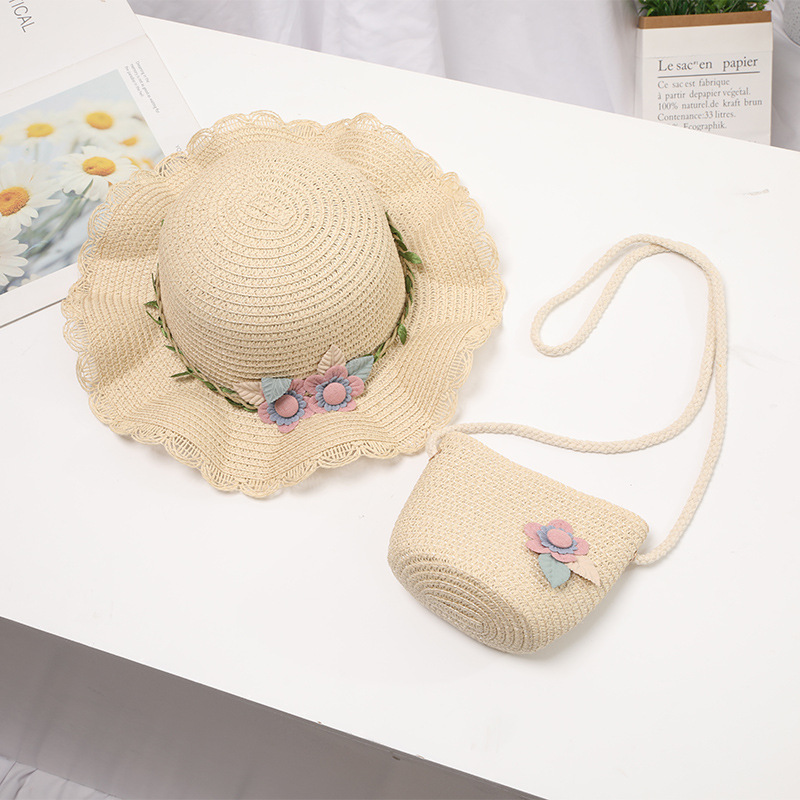Double flower straw rope wavy edge straw hat-beige