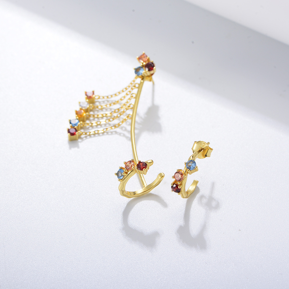 Europa y América ins pendientes de alto sentido nicho s925 plata esterlina personalidad asimétrica color circón pendientes de la borla