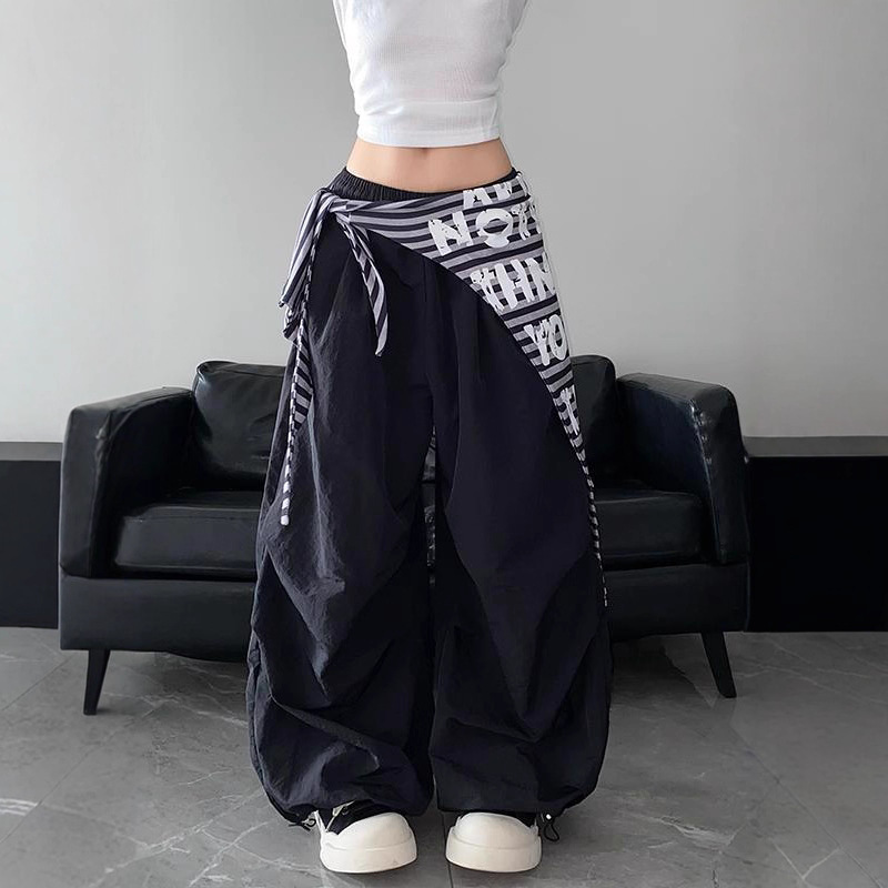 American Retro Striped Letter Detachable Strap Layered Ruched Paratrooper Pants Women Hip-Hop Jazz Scimitar Pants