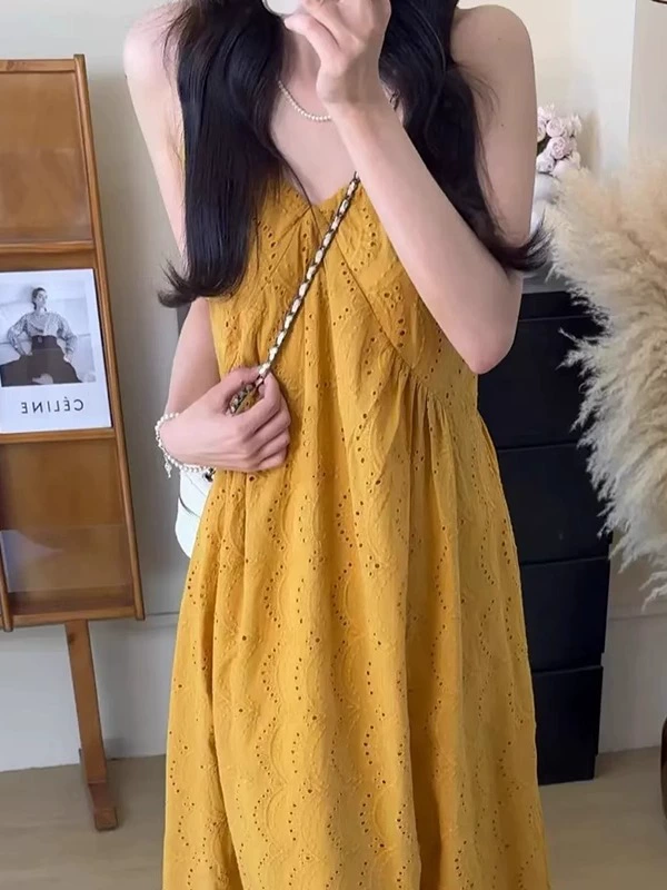 Платье больших размеров с французской вышивкой и вырезами на подтяжках, женское летнее новое дизайнерское элегантное длинная юбка с v-образным вырезом
