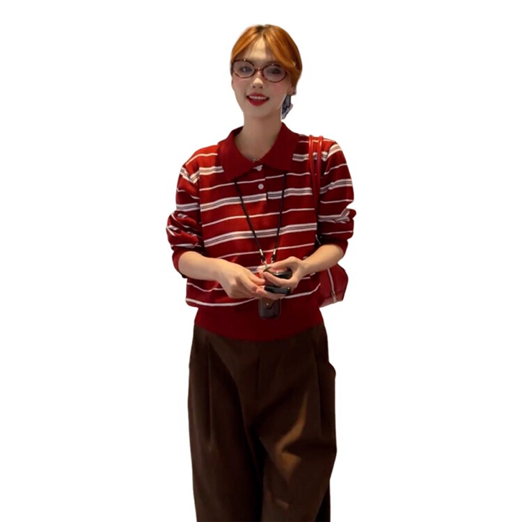 早秋季长袖t恤女2025新款设计感红色条纹针织polo衫上衣|undefined