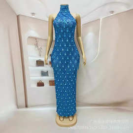 跨境演出服透纱菱形格子网纱面料高领无袖露背手套短连衣裙烧烤架