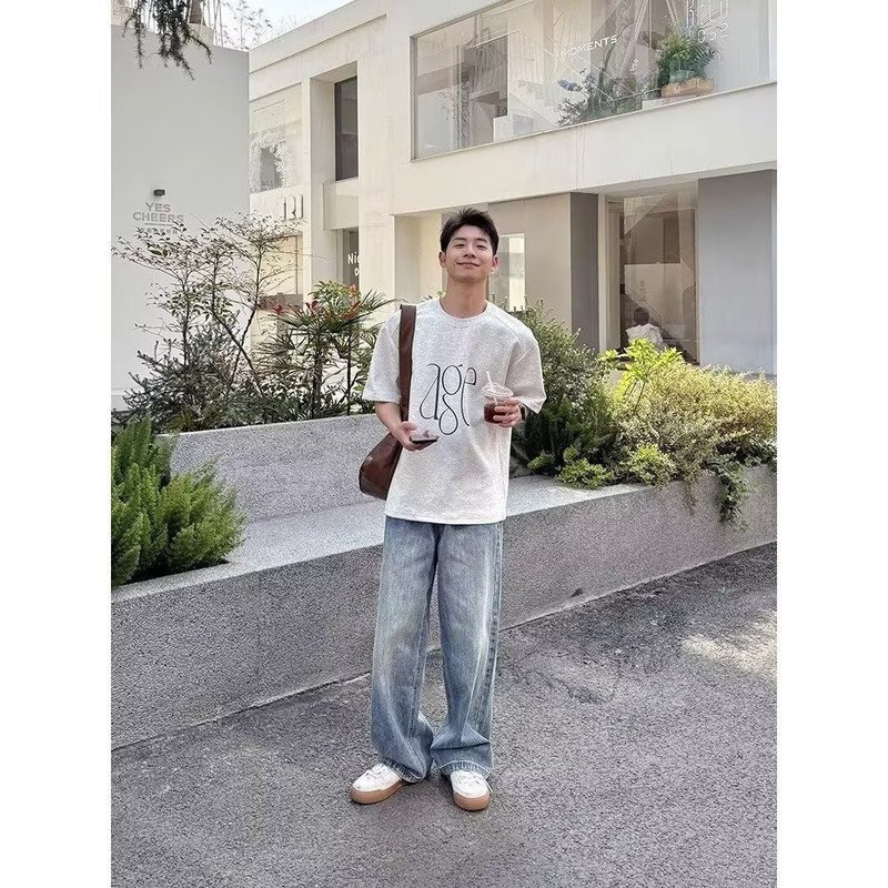 简约基础款直筒港风牛仔裤男百搭宽松阔腿长裤小众设计感牛仔裤男|undefined