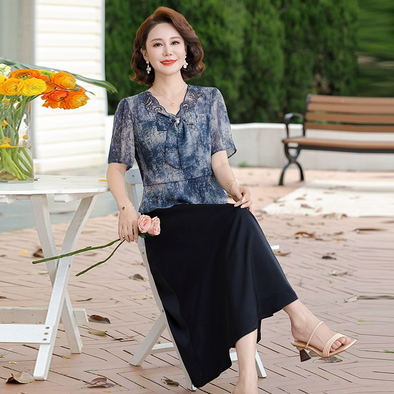 Мама среднего возраста летнее платье 2025 новая мода с короткими рукавами