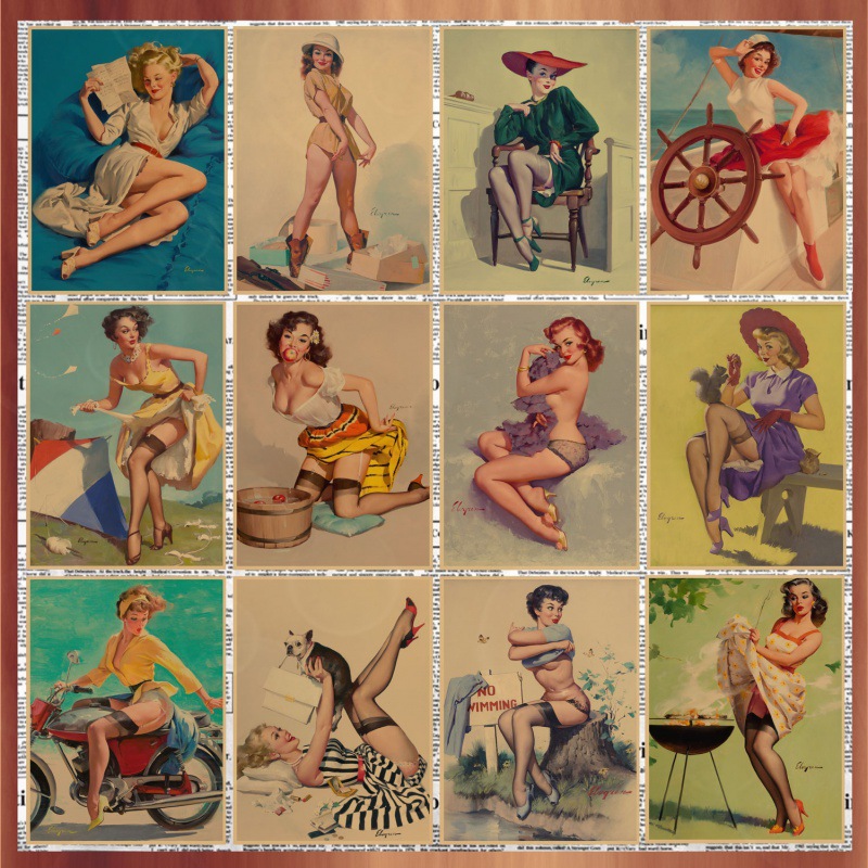 女郎性感招贴画复古牛皮纸二战海报酒吧咖啡厅装饰墙画-