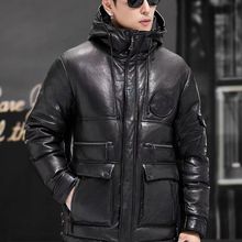 冬季新款羽绒服男士皮衣修身牛皮帽头层牛皮蒙蒙连帽夹克外套