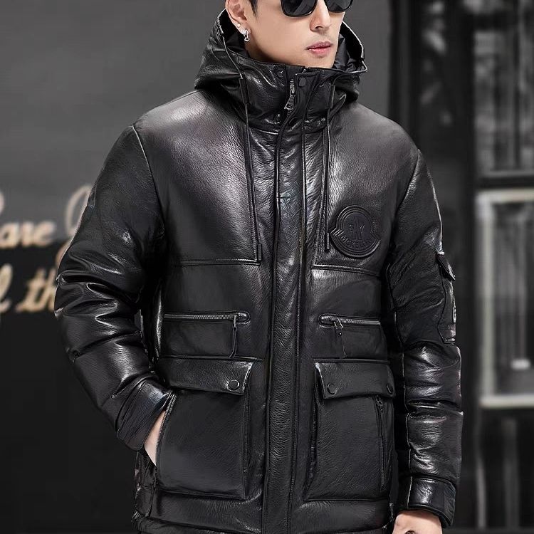 冬季新款羽绒服男士皮衣修身牛皮帽头层牛皮蒙蒙连帽夹克外套