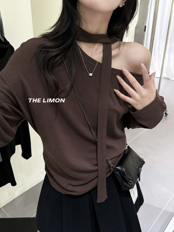 the limon柠檬绿茶2025秋季设计感飘带条纹百搭显瘦打底长袖T恤女|undefined