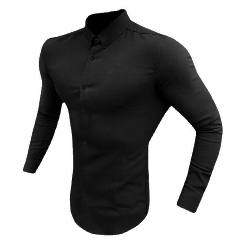Músculo de los hombres de moda de deportes casual Camisa de manga larga de solapa micro elástico Delgado fitness cardigan negocio no planchar camisa
