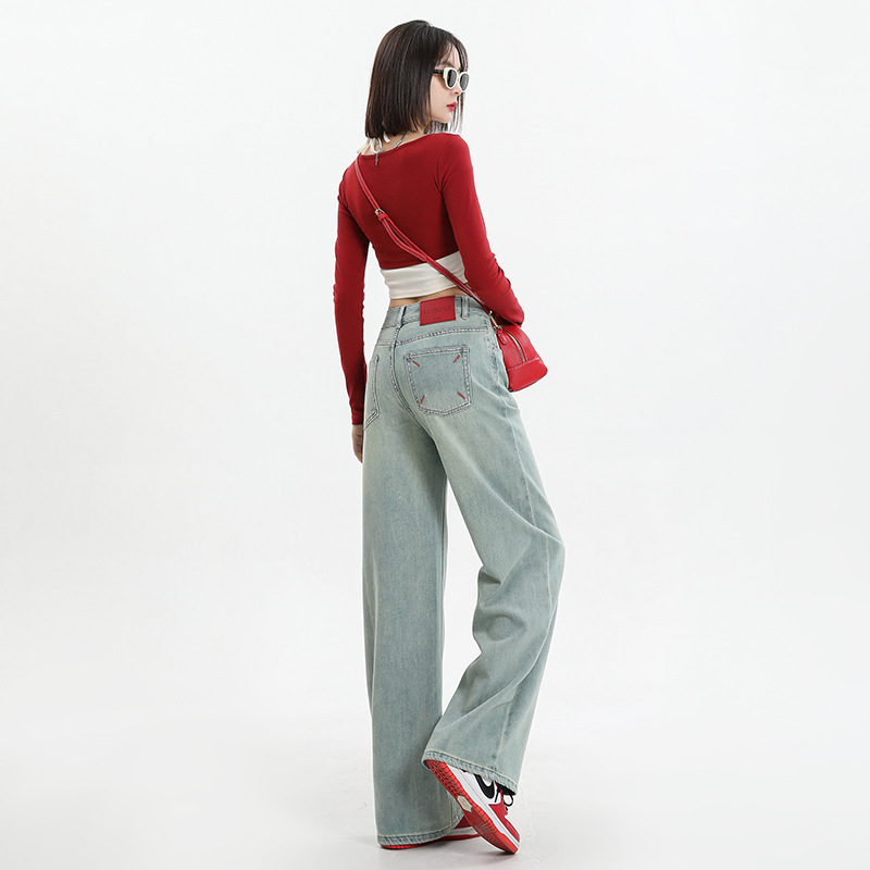 2025 Popular Margiela Contrasting Embroidered Jeans for Women, High-Waisted Narrow Wide-Leg Floor-Length Pants in Large Quantities in Stock 2025 Popular Margiela Contrasting Embroidered Jeans for Women, High-Waisted Narrow Wide-Leg Floor-Length Pants in Large Quantities in Stock