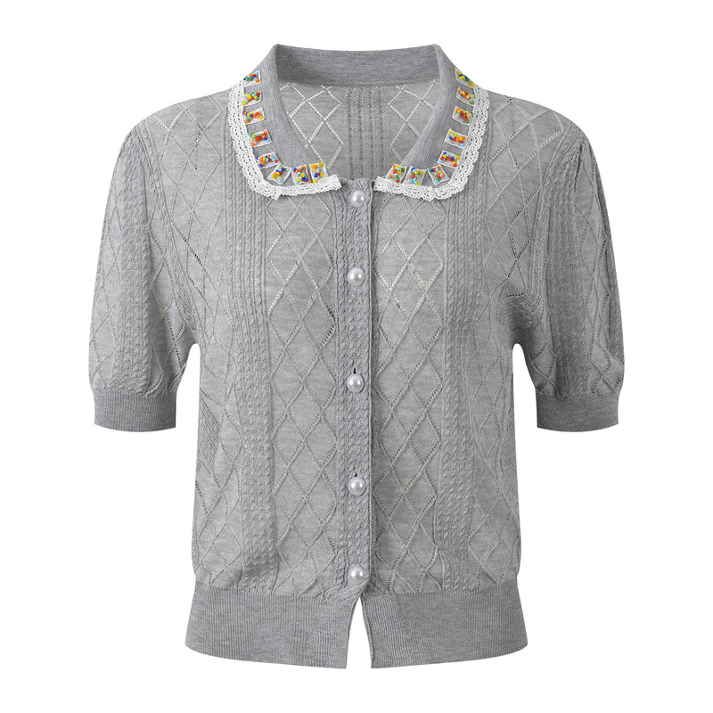 2026 Spring and Summer New Style Short Knitted Cardigan with Colorful Beaded Collar and Diamond Pattern, Fashionable and Versatile, Age-Reducing Short-Sleeved Top