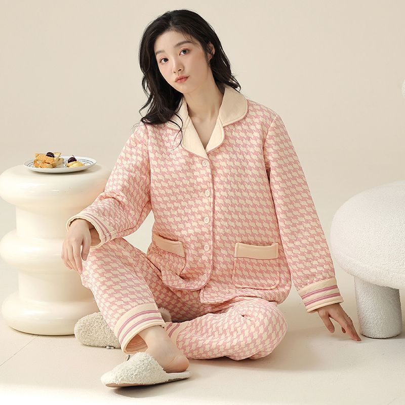 Pijamas de algodón de aire de otoño y invierno de mujeres capa intermedia de manga larga caliente y grueso conjunto red nueva ropa dulce para el hogar