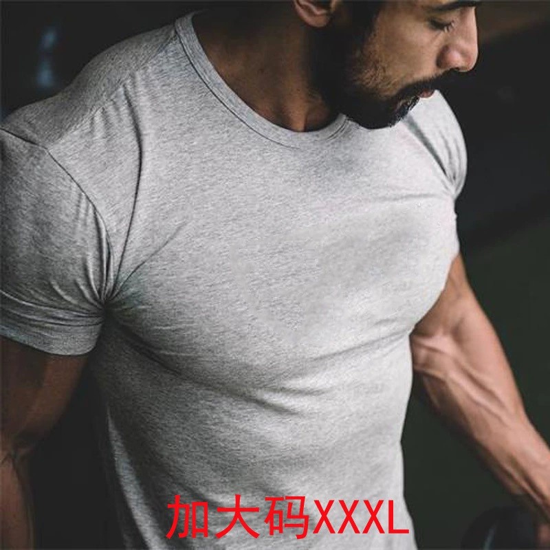 Летние Мышцы Фитнес Спорт Досуг с коротким рукавом Бег тренировки стрейч сплошной цвет Футболка Мужчины трансграничные