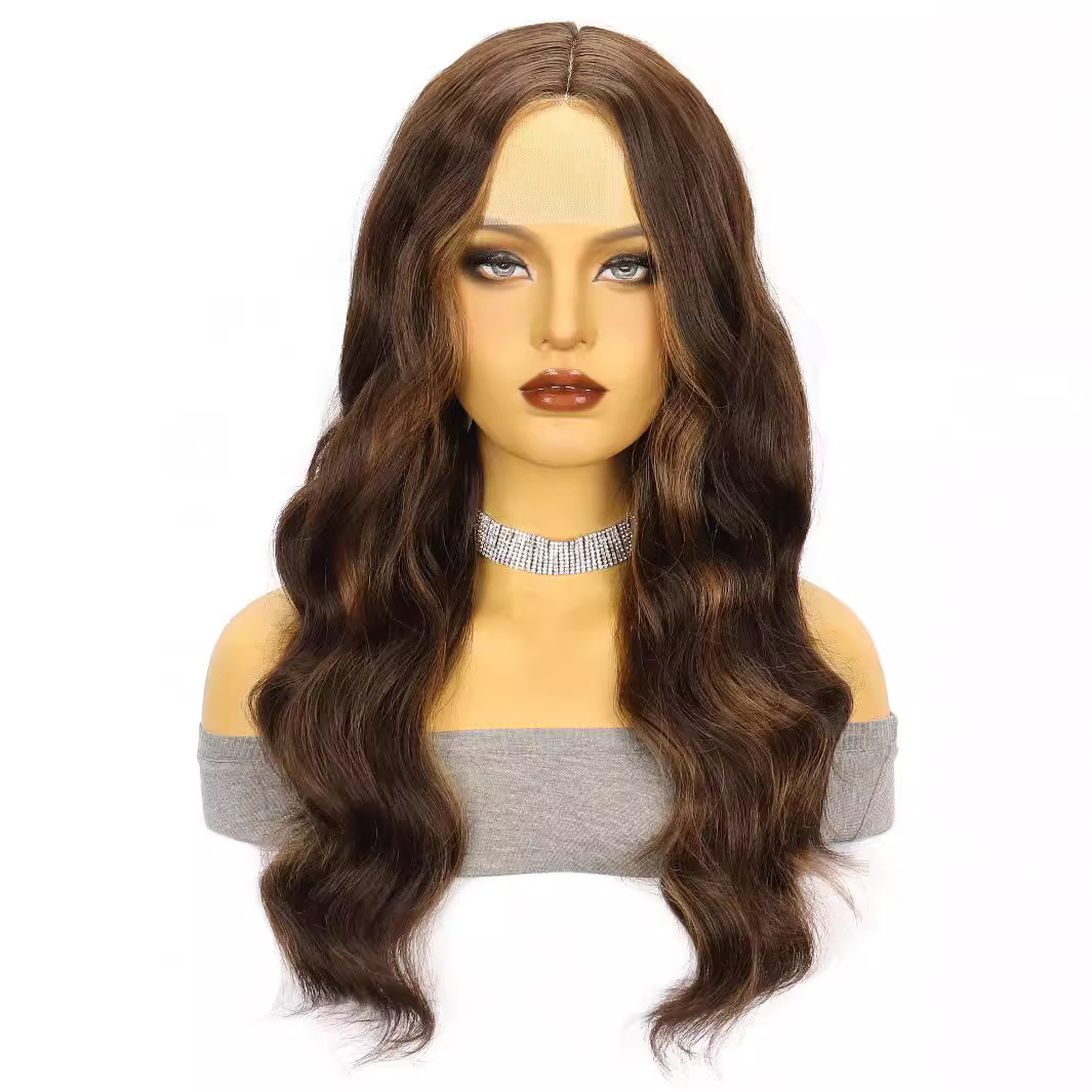 Amazon nuevo marrón onda grande largo rizo pelo de fibra química frente encaje señoras peluca pequeño en stock
