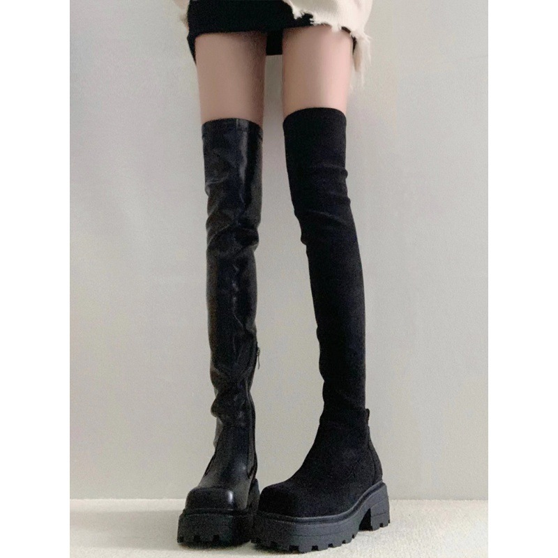 Elastic skinny over knee boots Women's new autumn and winter chunky heel platform high rider boots_voghion.com