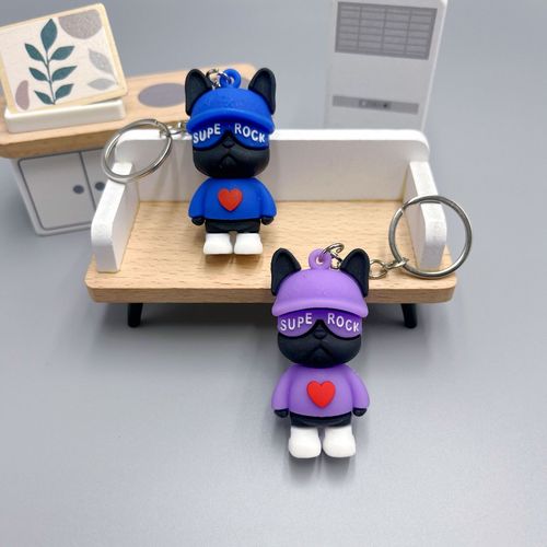 Cartoon French Bulldog Keychain Creative Soft PVC Rock Masked Dog School Bag Hook Figurine Keychain Cute Wholesale