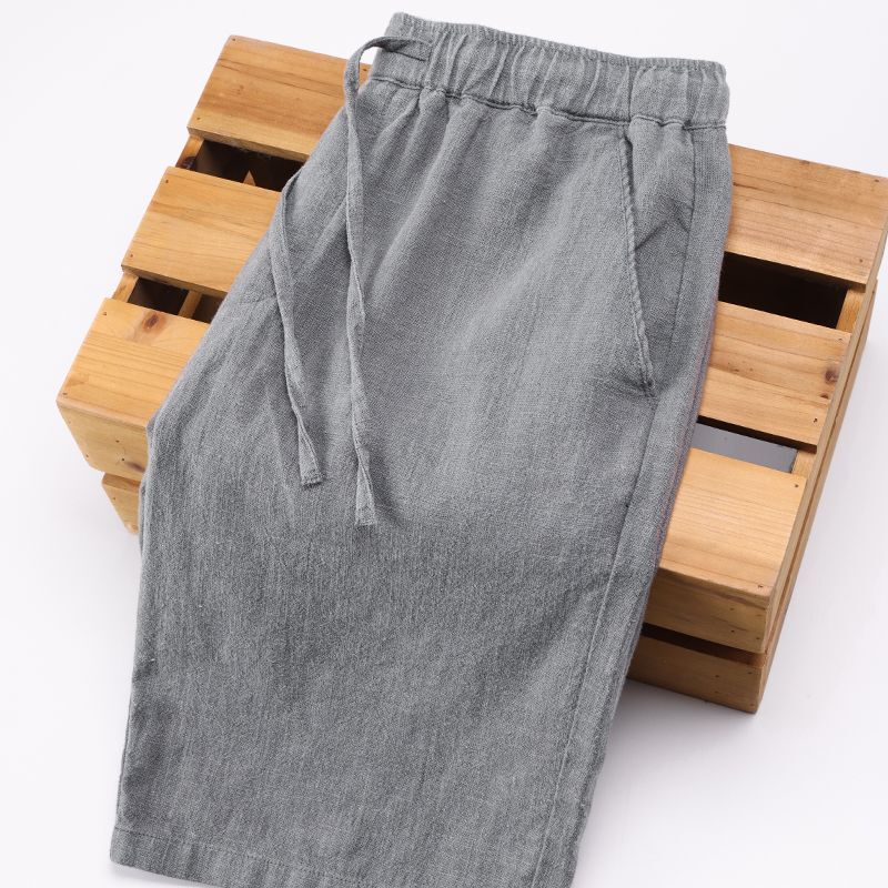 Summer Thin khaki Cotton and Linen Pants Men's Solid Color Loose Straight Elastoelastic Waist Ramie Beach Casual Shorts