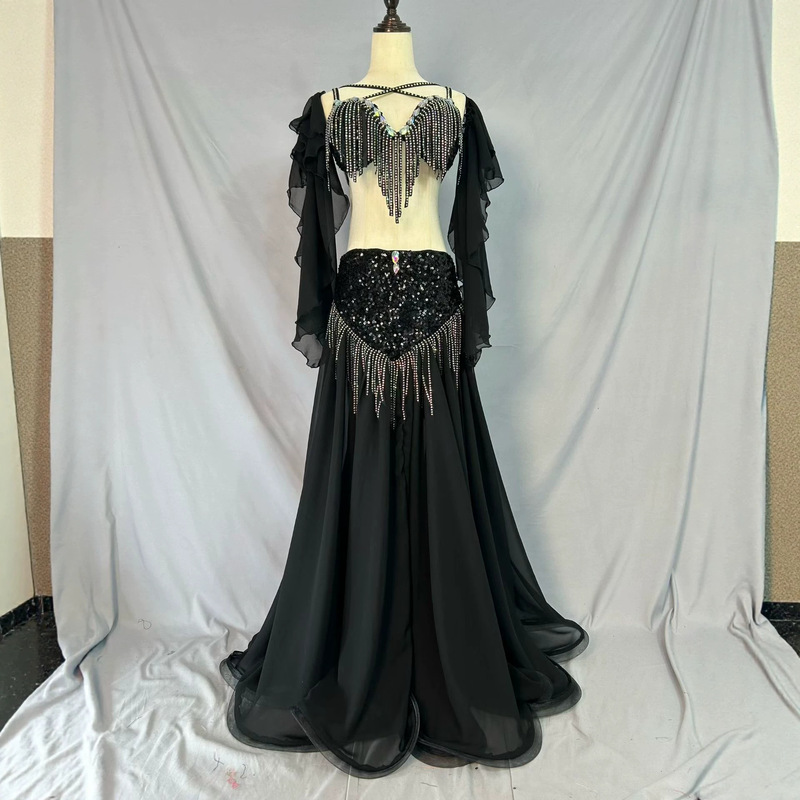 Cross-border exclusive supply: stunning black chiffon belly dance costume with a flowing skirt, featuring a diamond-studded bodice, perfect for oriental dance performances