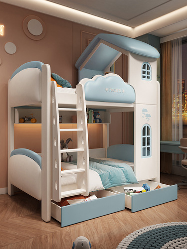 Children's bed, double-layer twin bed with same width for boys and girls, princess castle style, suitable for small households, low and high platform bed