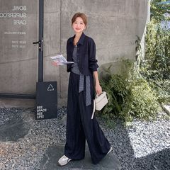 盐系设计感格纹抹胸吊带牛仔衬衫阔腿裤套装三件套女2025春秋新款
