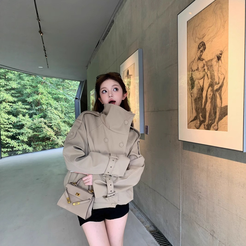 Double-Breasted Khaki Stand-Up Collar Long-Sleeved Windbreaker Jacket for Women in Autum, High-End, Loose, Casual and Elegant Cardigan Top Double-Breasted Khaki Stand-Up Collar Long-Sleeved Windbreaker Jacket for Women in Autum, High-End, Loose, Casual and Elegant Cardigan Top