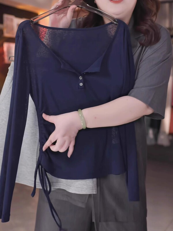 藏蓝色薄款长袖针织罩衫女夏季防晒衣2025年新款韩系抽绳显瘦上衣|undefined
