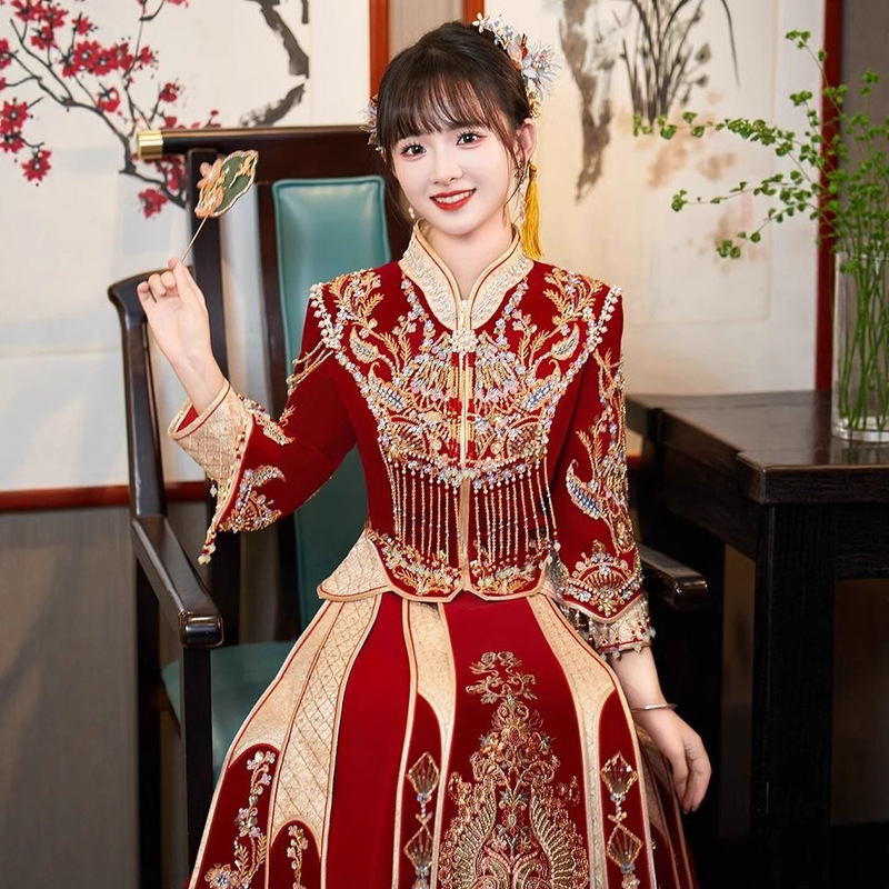 Xiuhefu 2025 新しい中国風の花嫁のウェディングドレス乾杯ドレスウェディングドレス重工業のウェディングドレス女性の春|undefined