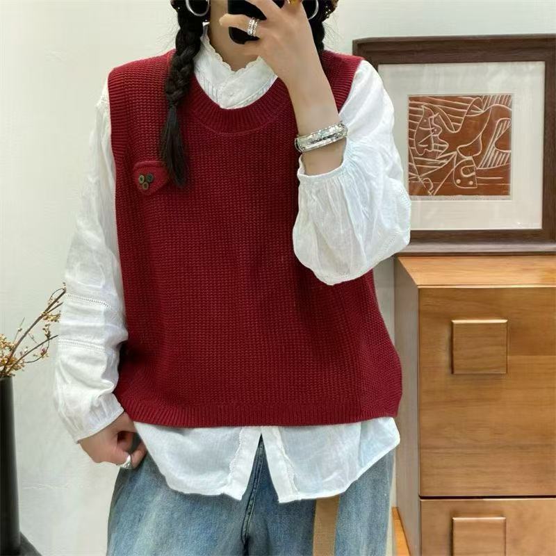 针织马甲 2025春季新款 复古宽松纯色圆领套头马夹女百搭上衣叠穿|undefined