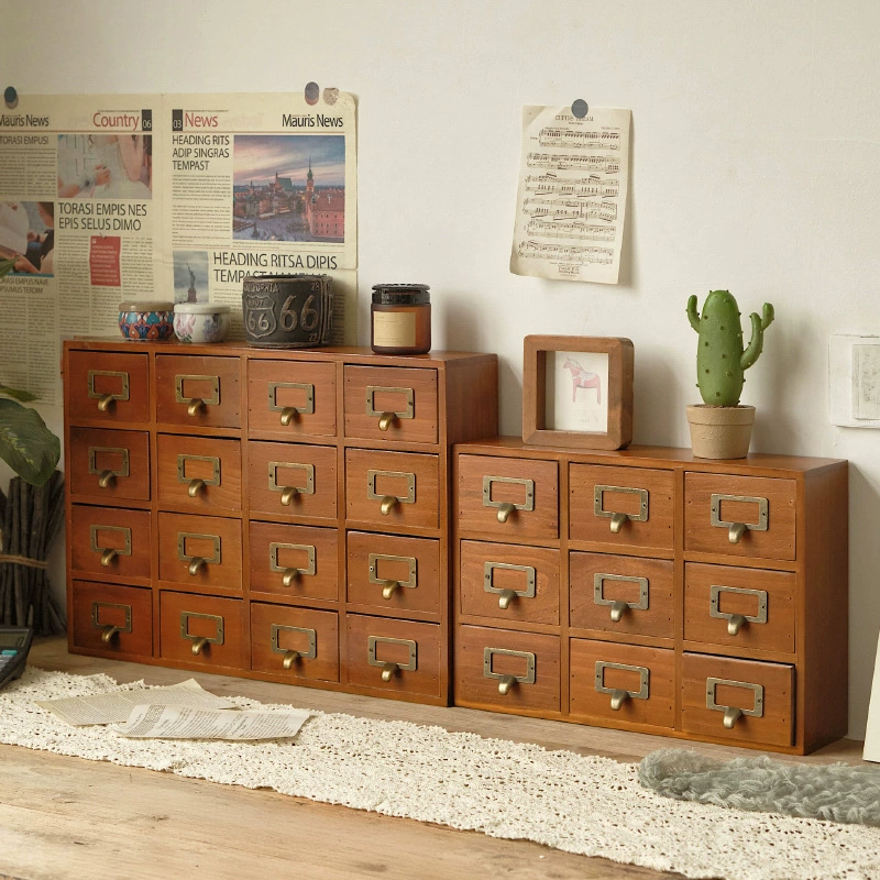 Solid Wood Multi-Drawer Storage Box, Desktop Organizer, 9/16 Drawers, Vintage Finish