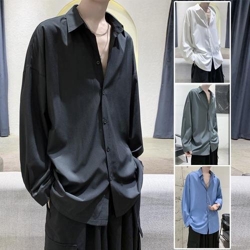 Men's 2025 Black Shirt, Celibate Style Korean Version Fashion Cool Collarless Top Gangster Style Hong Kong Style Japanese Long-Sleeve Top Trend