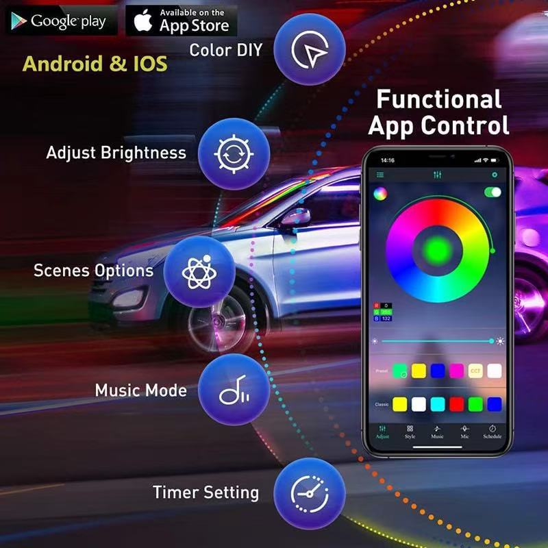 Car Led Ambient Light, Mobile App Control, Car Multi-Color Cold Light Guide Ambient Light, In-Car Color-Changing Decorative Light