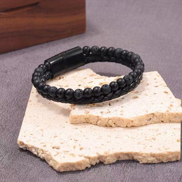 Cross-Border Accessories Wholesale Natural Volcanic Lava Stone Leather Double Row Bracelet Magnetic Buckle Men's Bracelet