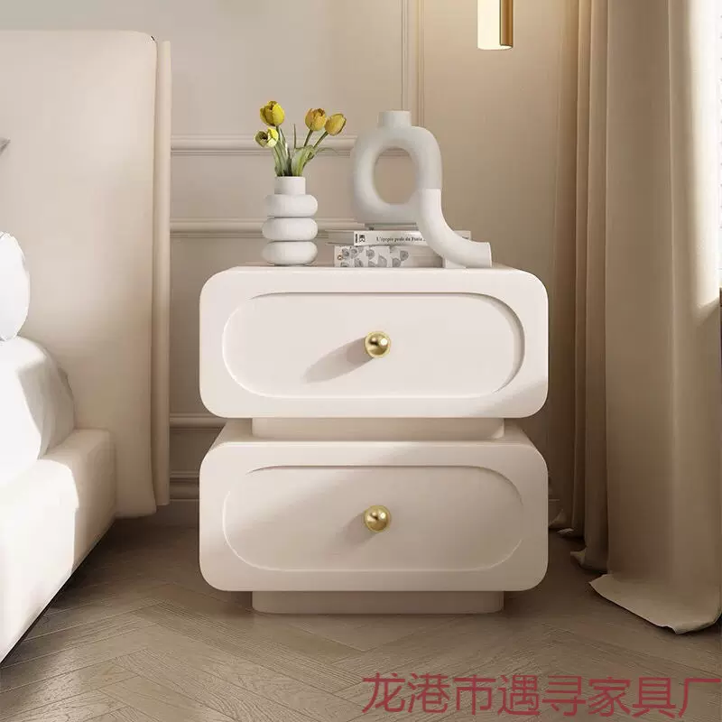 极简轻奢实木床头柜简约现代法式奶油风储物柜黑色皮质床边柜收纳