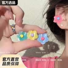 ins风彩色花朵耳夹女多巴胺甜美百搭无耳洞耳环小清新夏季耳饰品