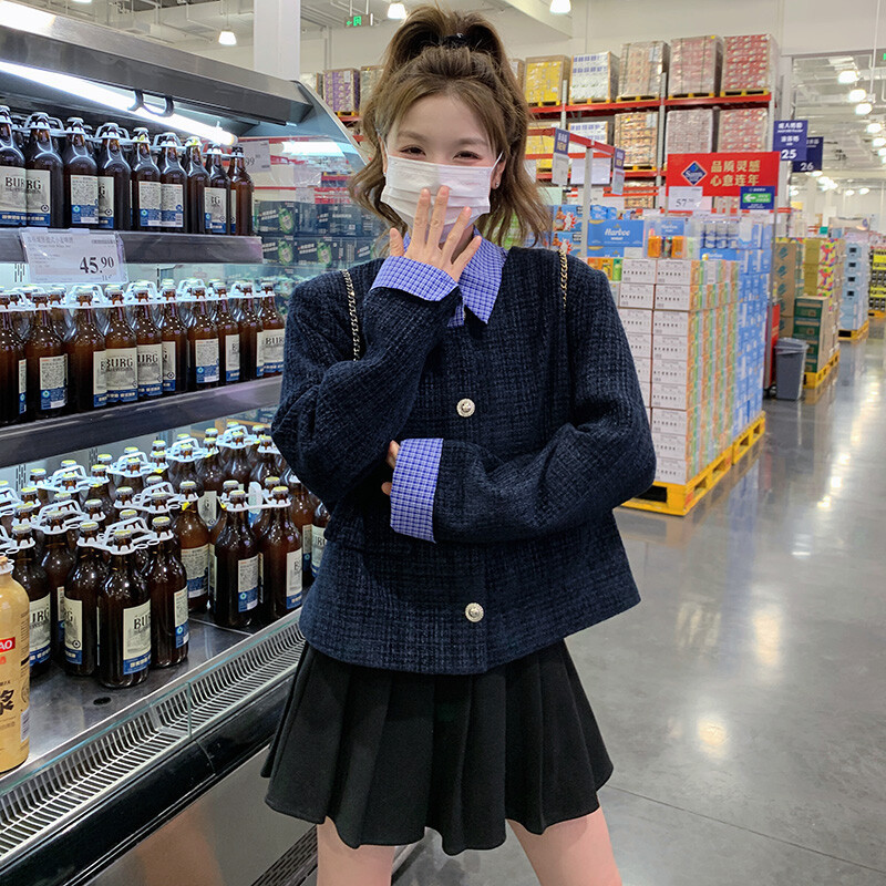 小香风外套女2025新款秋季百搭藏青色假两件拼接上衣女装翻领夹克|undefined
