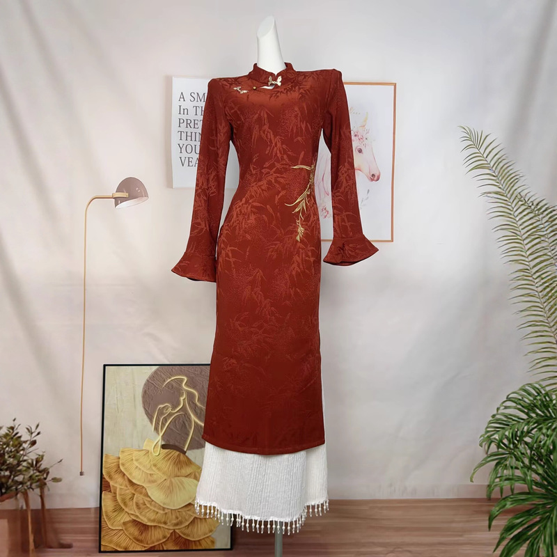 Lingxian Zihhe Mingzhu Tang' New Chinese Style Red Jacquard Improved Cheongsam Women's Autumn Stand Collar Waist-Cinching Long Sleeve Dress