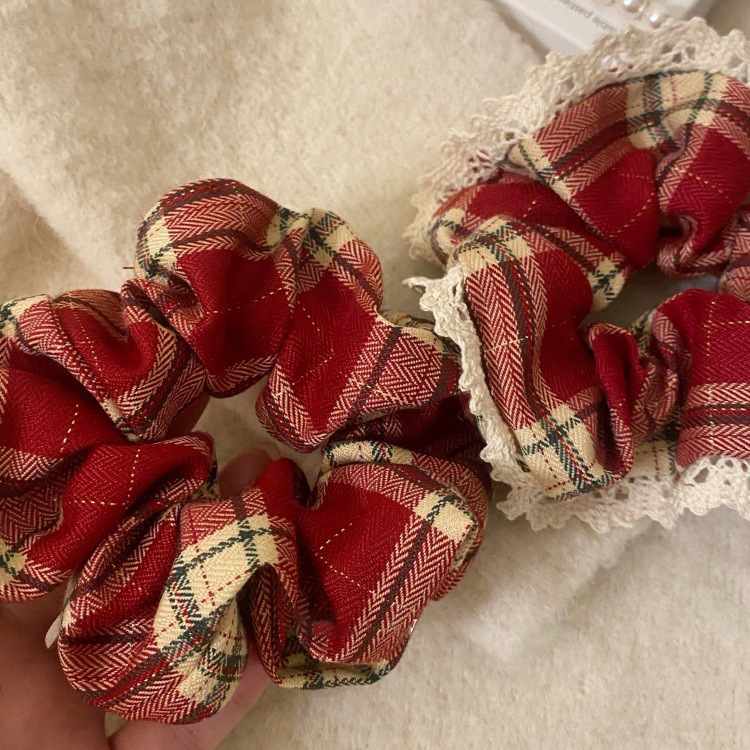 Ballet College Style New Year red plaid fabric large intestine ring French retro hair band hair rope tie ball head hair accessories_voghion.com