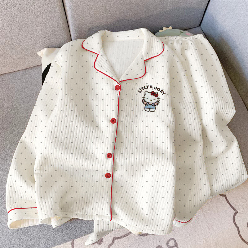 헬로 키티 에어 코튼 파자마 여성의 겨울 두꺼운 샌드위치 일본 스타일 귀여운 웨이브 도트 학생 홈 의류 세트