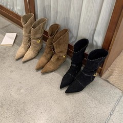 内增高尖头绒面瘦瘦中筒骑士靴女靴子2025秋冬季西部牛仔堆堆长靴