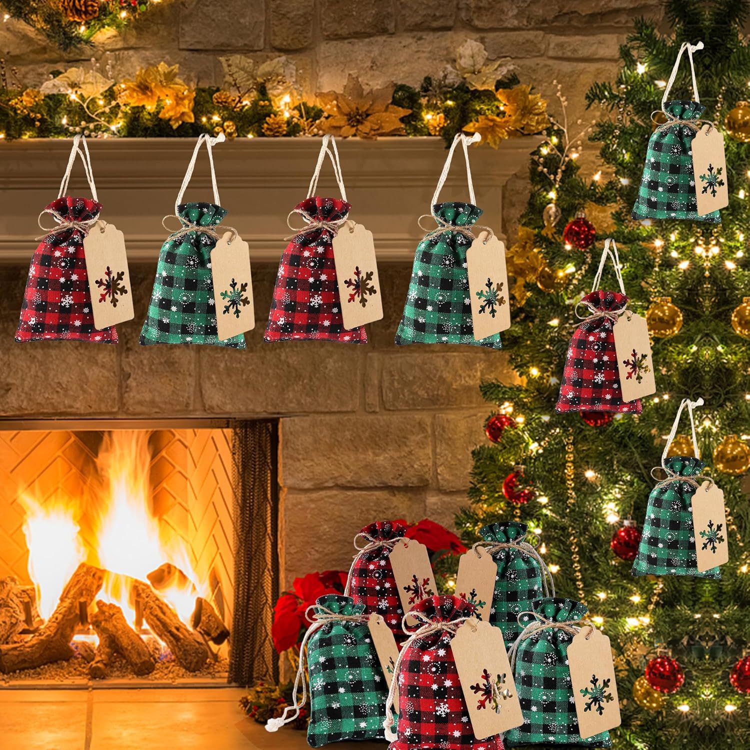 雪花格子印花棉布袋圣诞装饰狂欢派对糖果收纳礼品包装束口抽绳包