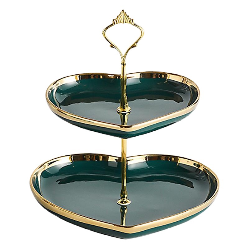 Placa de cadena de cerámica verde oscuro nórdico creativo plato de fruta de amor de doble capa merienda mesa de postre bandeja de cerámica plato de fruta seca