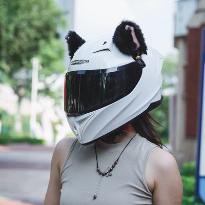 Motosiklet kaskı (dəbilqə) — Cute Full-Face Helmets for Couples Cat - high-grade-porcelain-white-brown-lenses-black-ears-m